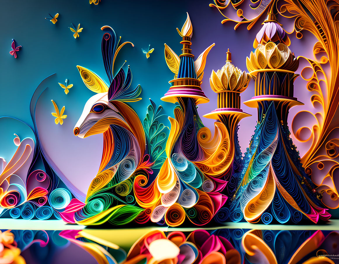 Colorful Quilling Art: Fox and Castles in Fantasy Scene