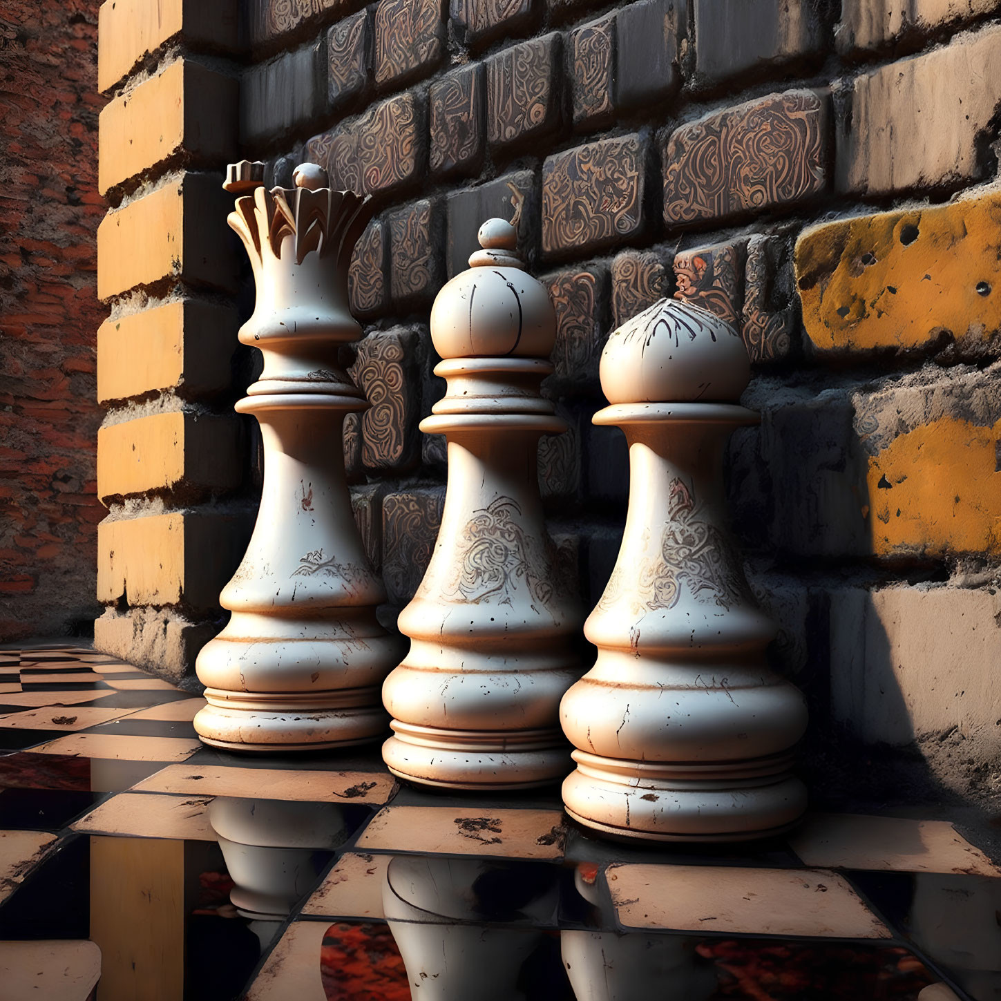 White Chess Queen, Rook, and Bishop on Checkerboard with Brick Wall