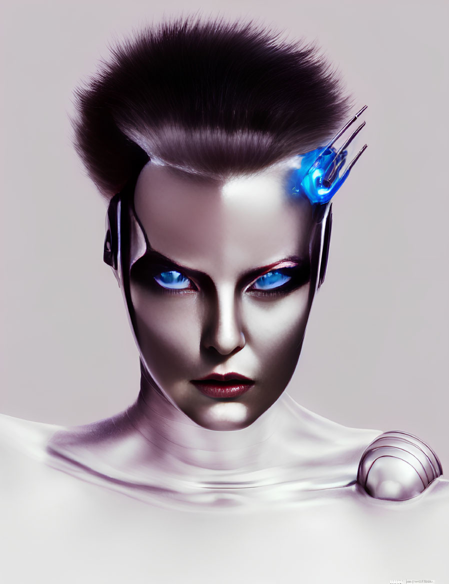 Futuristic female android with blue eyes and sleek headgear