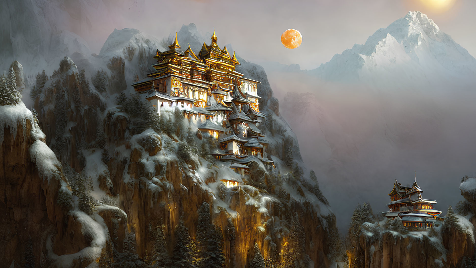 Twilight mountain landscape with temple, snowy trees, full moon