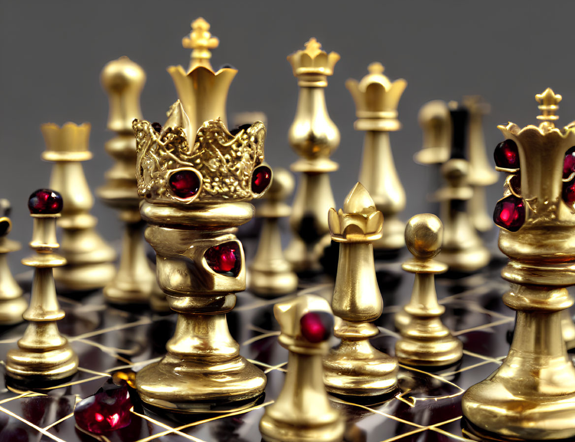 Intricately designed gold and silver chess pieces on a jeweled crown chessboard