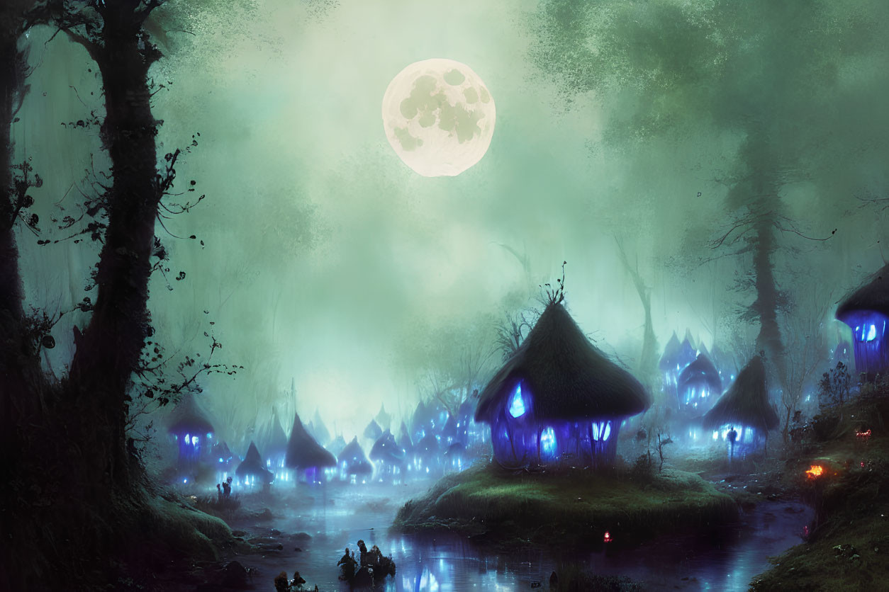 Mystical night scene with glowing thatched huts in foggy forest