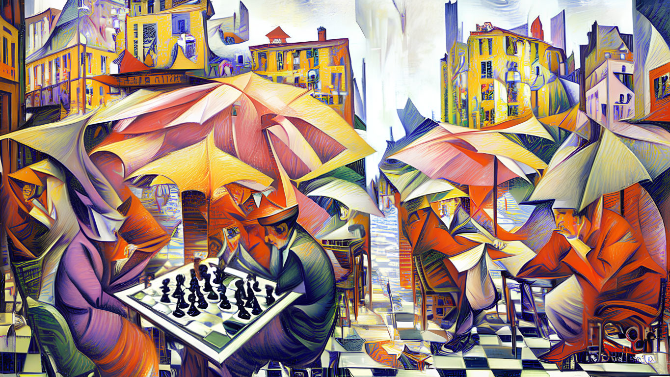 Stylized figures playing chess at colorful cafe tables in vibrant cityscape