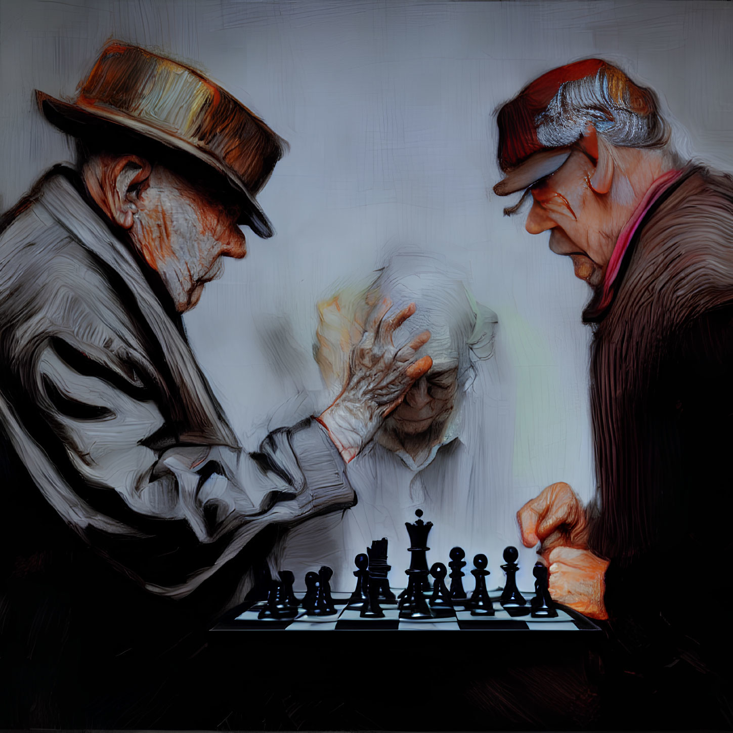 Elderly gentlemen playing chess with intense concentration