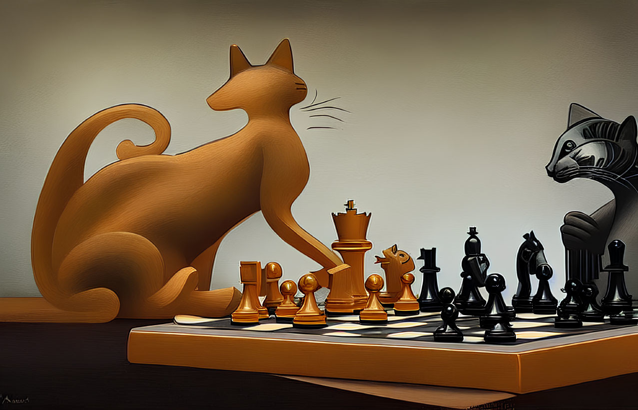 Stylized Cats Playing Chess in Tension-Filled Scene