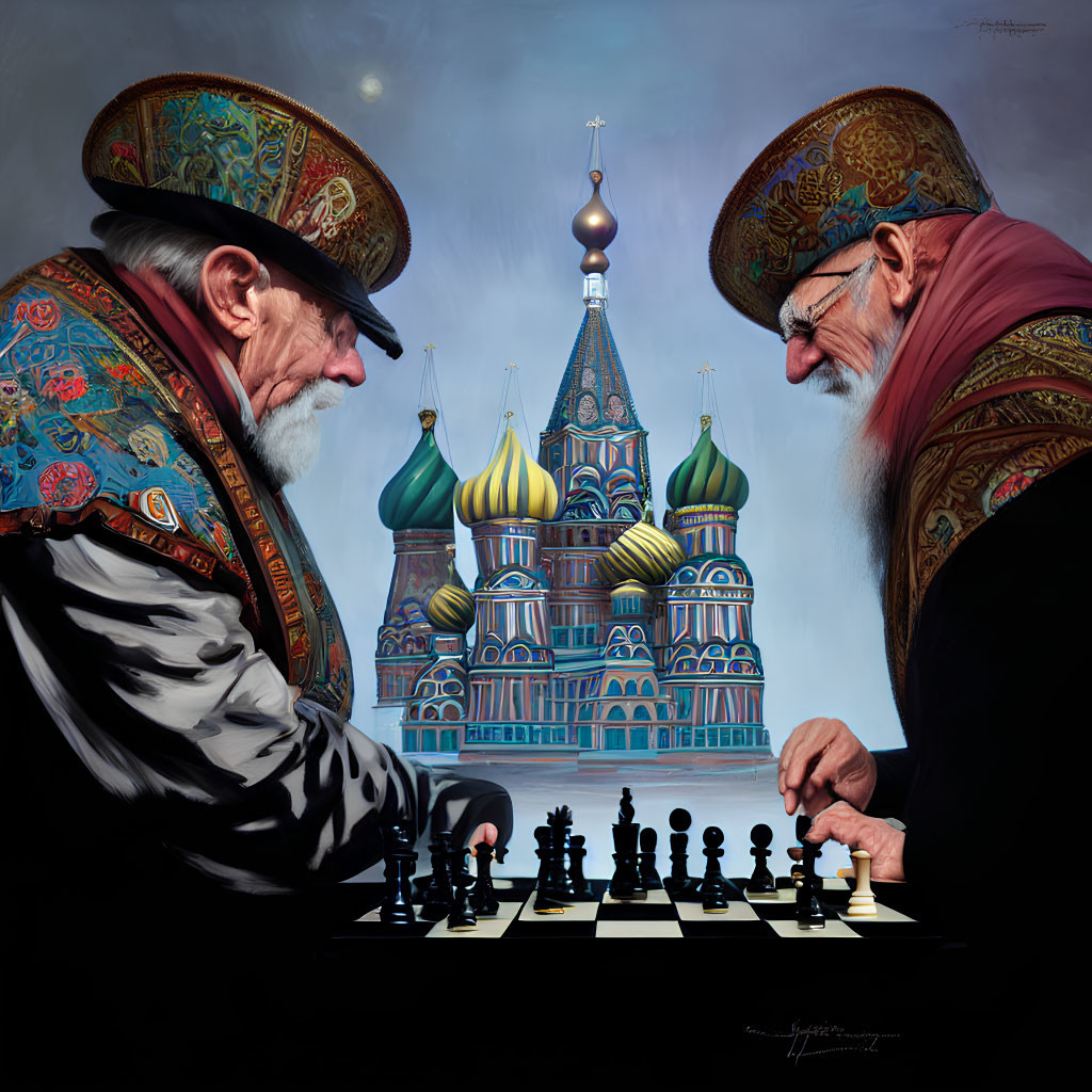 Men in religious attire play chess at Saint Basil's Cathedral.