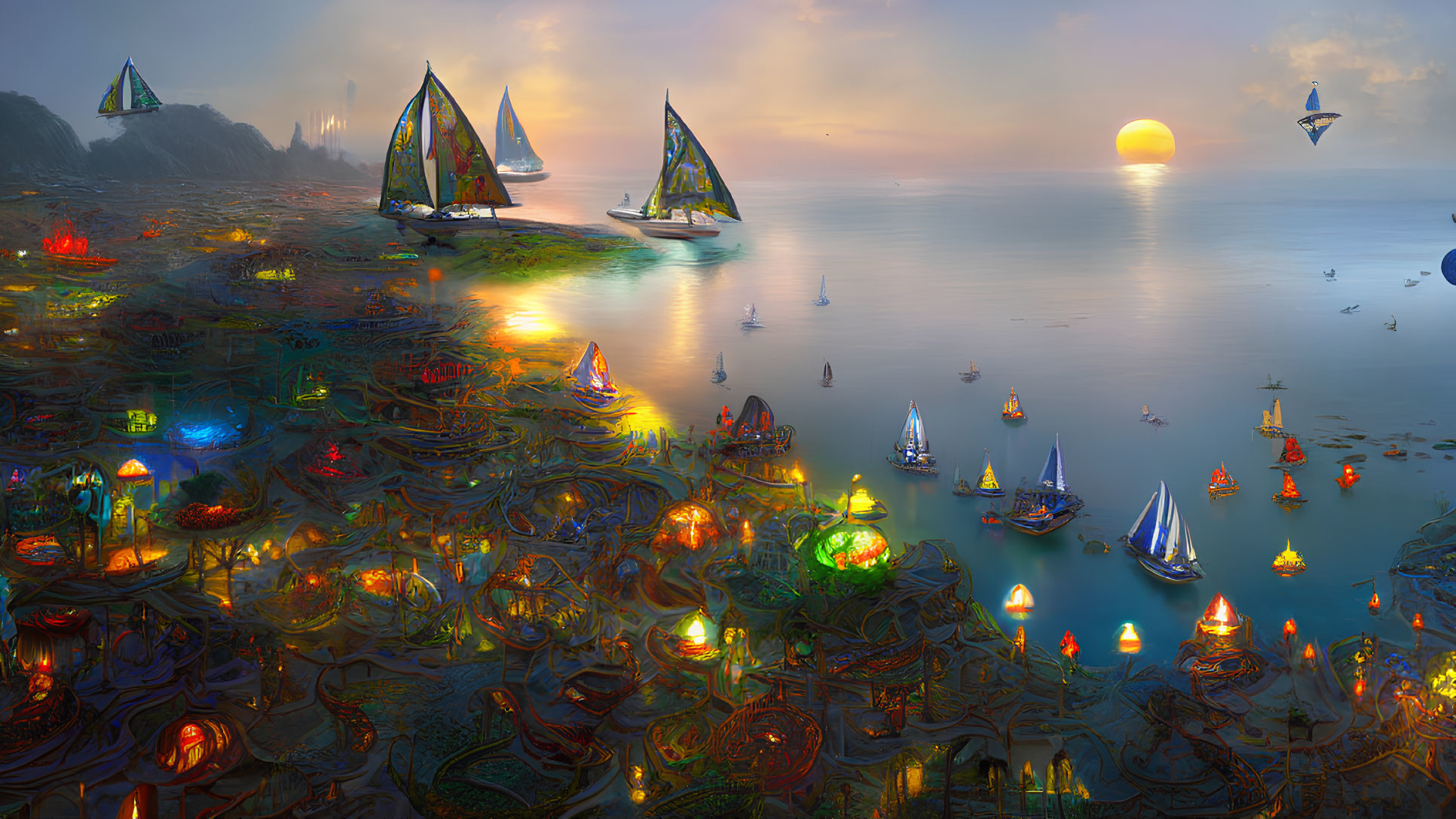 Fantastical sunset seascape with ornate boats and colorful structures