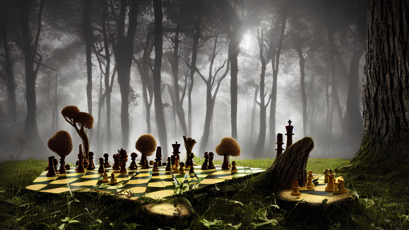 Mystical forest scene with oversized chess pieces and ethereal light