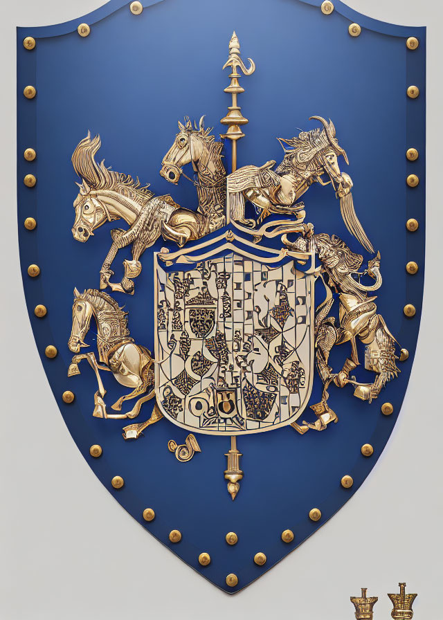 Detailed Coat of Arms with Lion, Horse, and Mythical Creatures on Blue Background