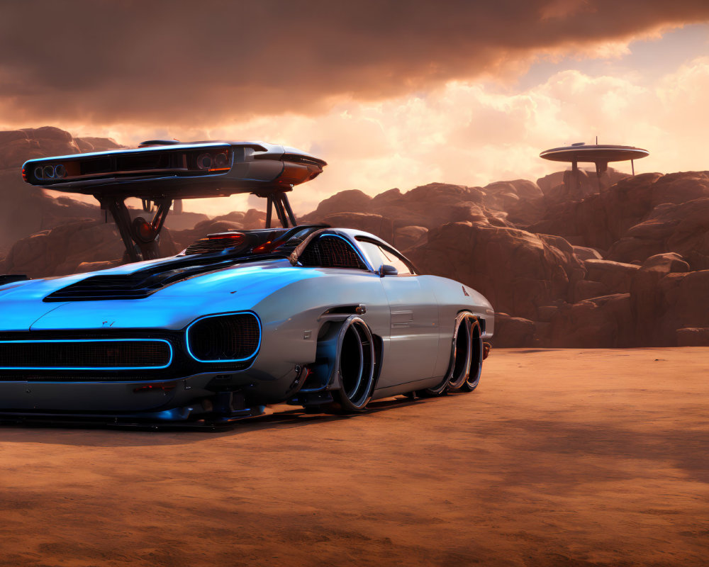 Futuristic muscle car with gull-wing door in desert landscape with sci-fi structure