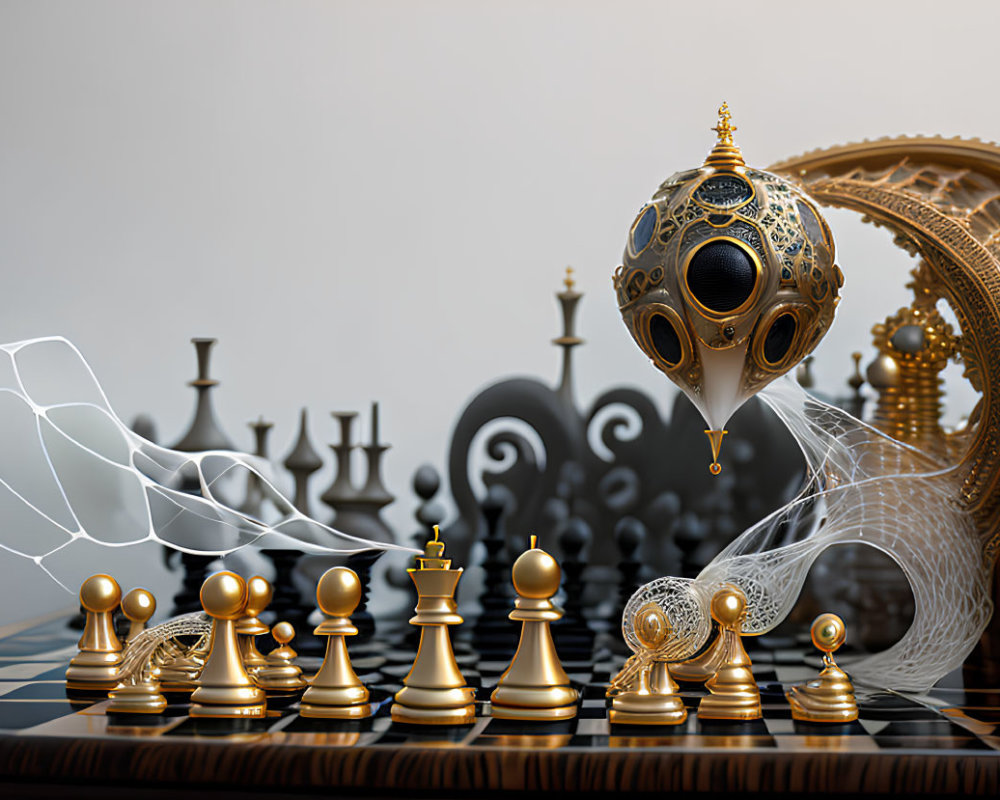 Surreal chess scene with golden pieces and intricate web-like structure