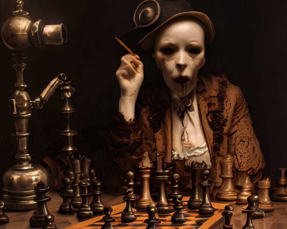 Person in white face makeup with chessboard and vintage hat poses thoughtfully