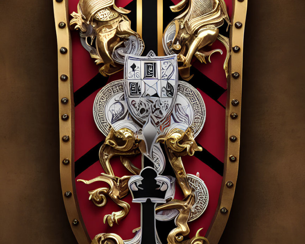 Ornate shield with red and black background, golden griffins, sword, and heraldic