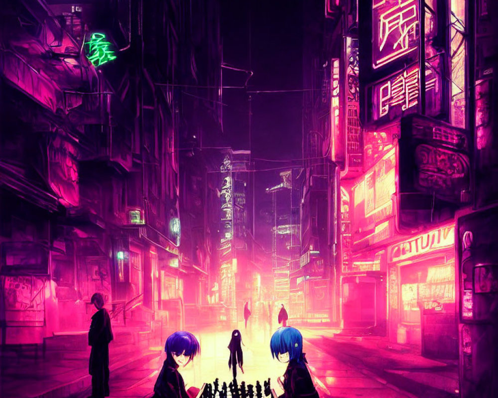 Neon-lit cyberpunk street scene with animated characters playing chess