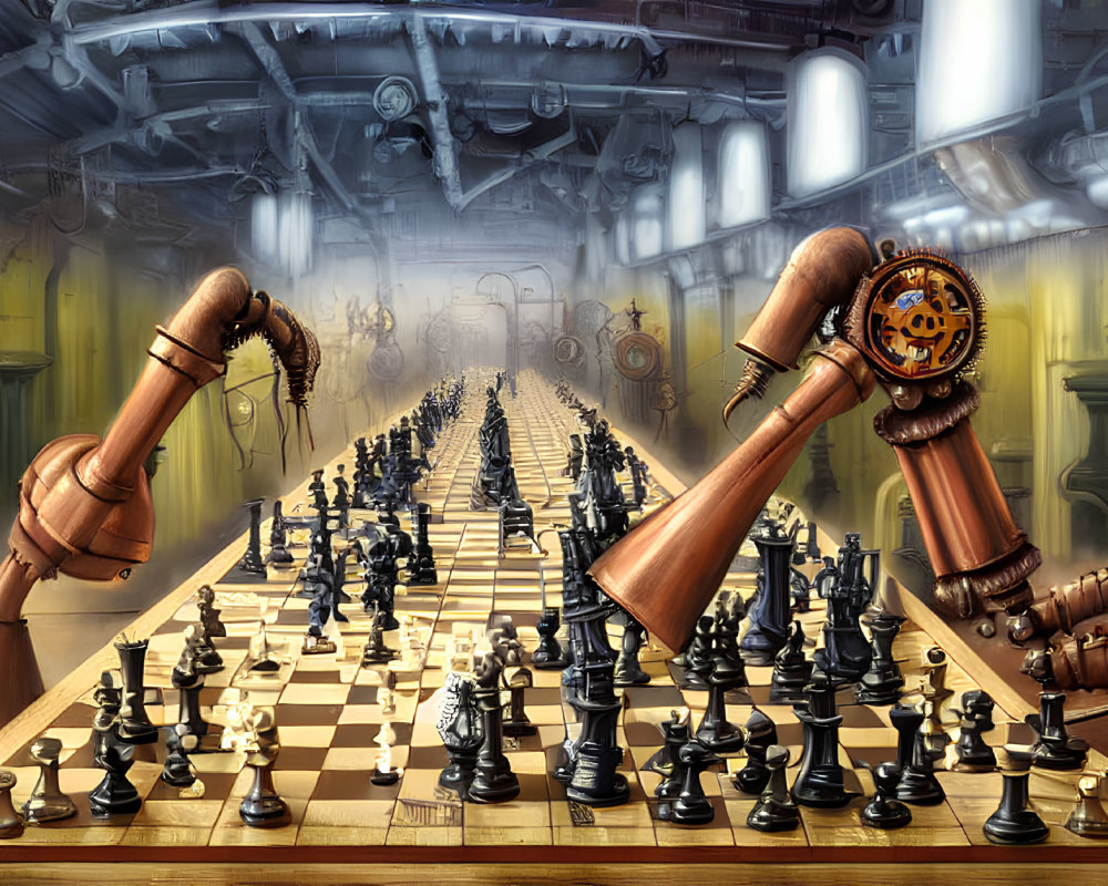 Steampunk digital art of mechanical arms playing chess in industrial setting