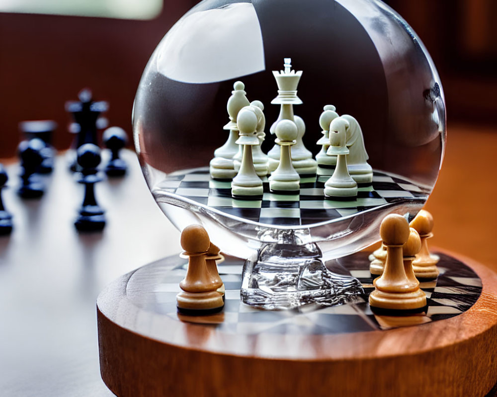 Crystal Ball Distorts Chess Pieces on Chessboard