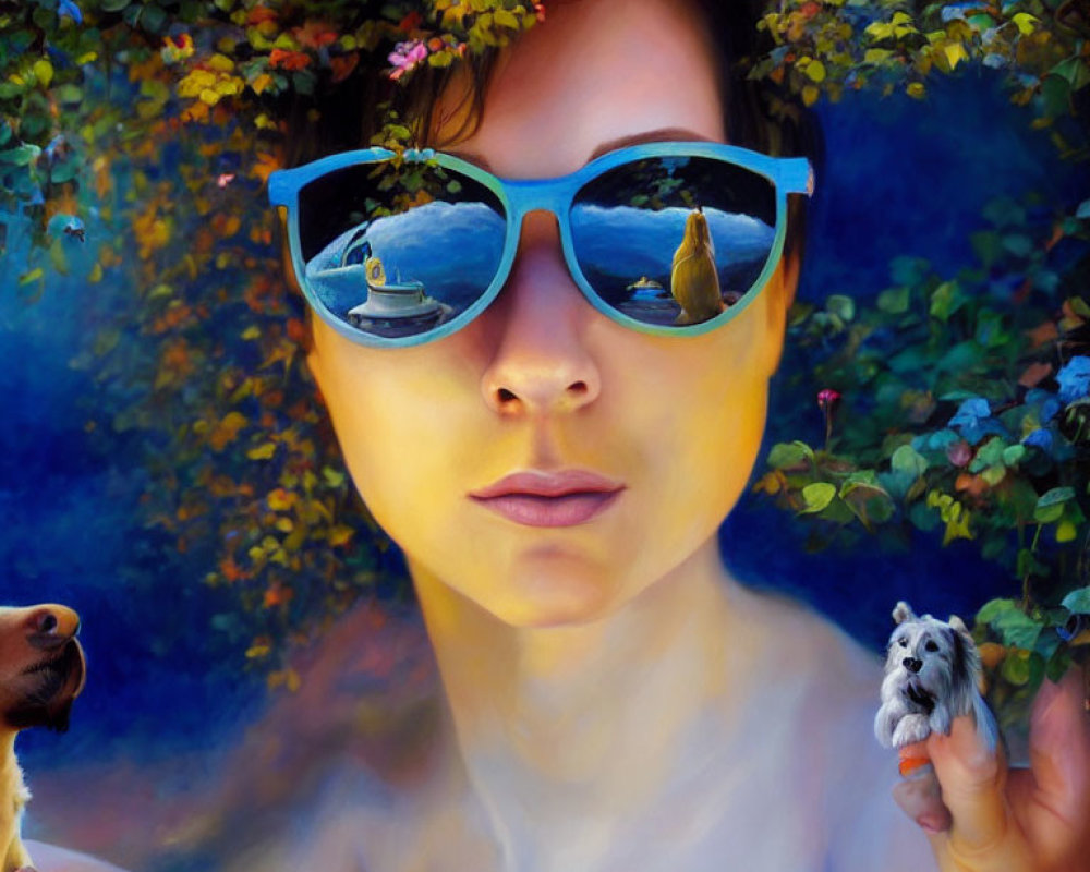 Woman in Sunglasses with Swan, Dog, and Colorful Foliage