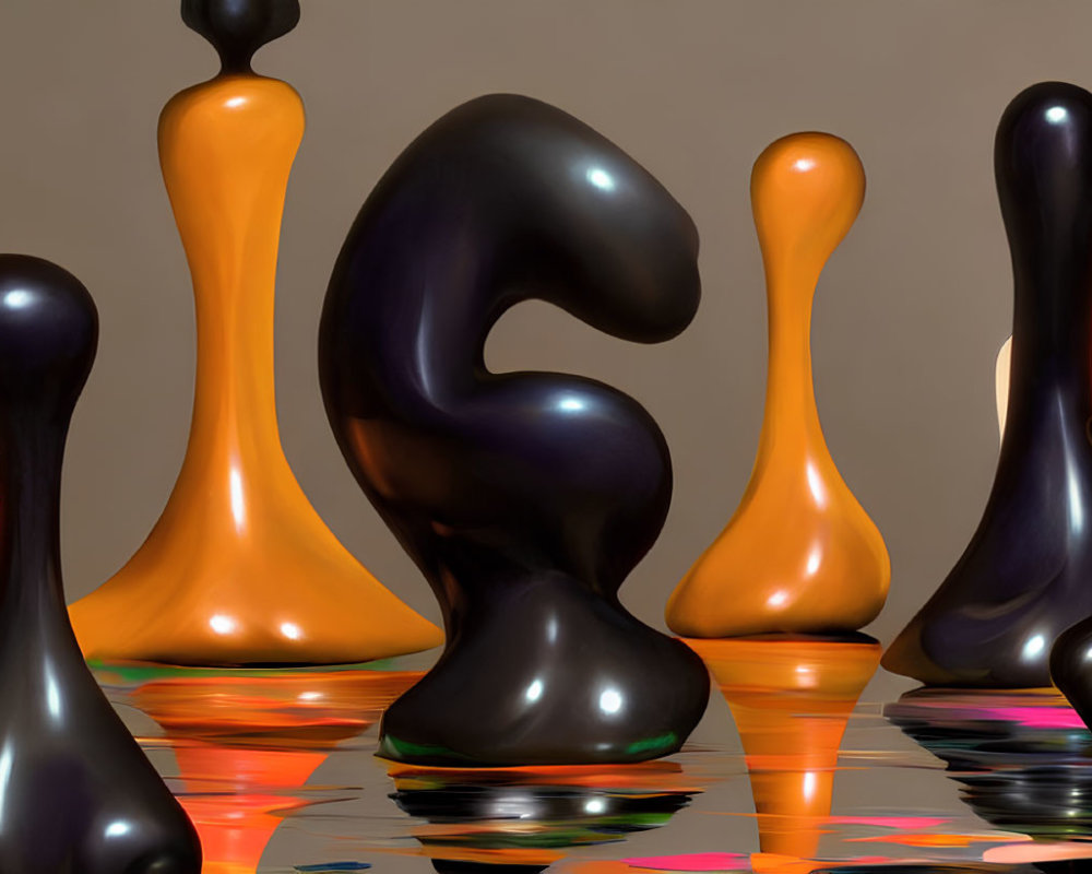 Fluid-shaped glossy sculptures in reflective environment with black and warm tones