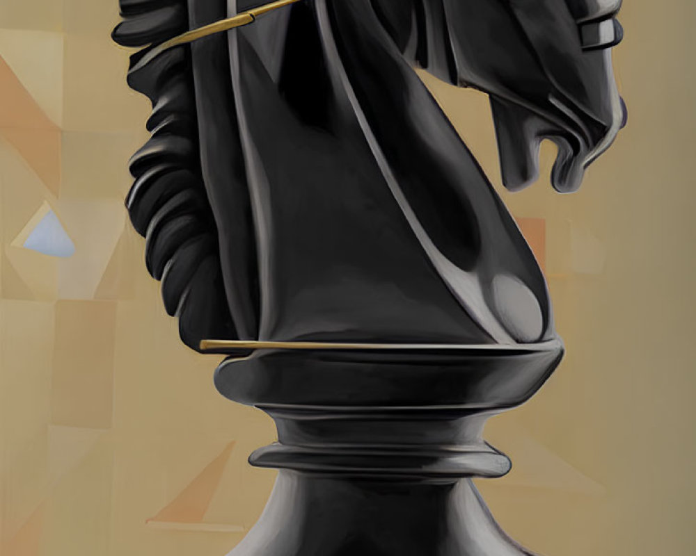 Stylized black knight chess piece with exaggerated features on geometric background