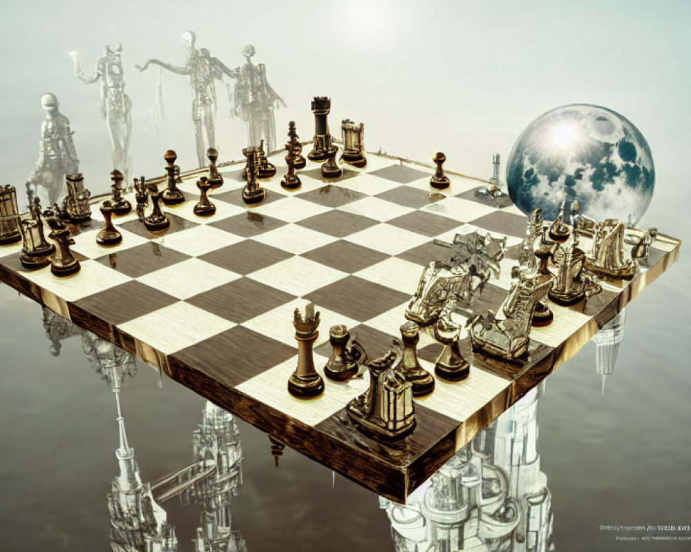 Surreal chessboard with robotic figures and moon in misty background