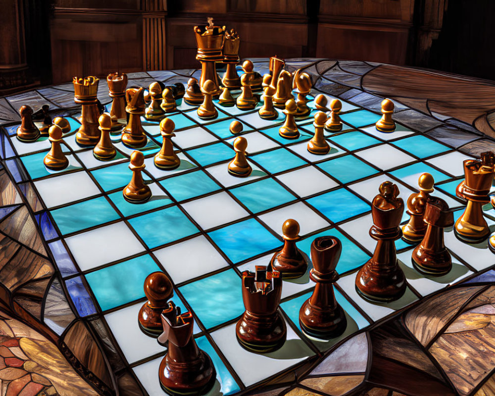 Detailed Wooden Chess Pieces on Glass Board in Sunlit Room