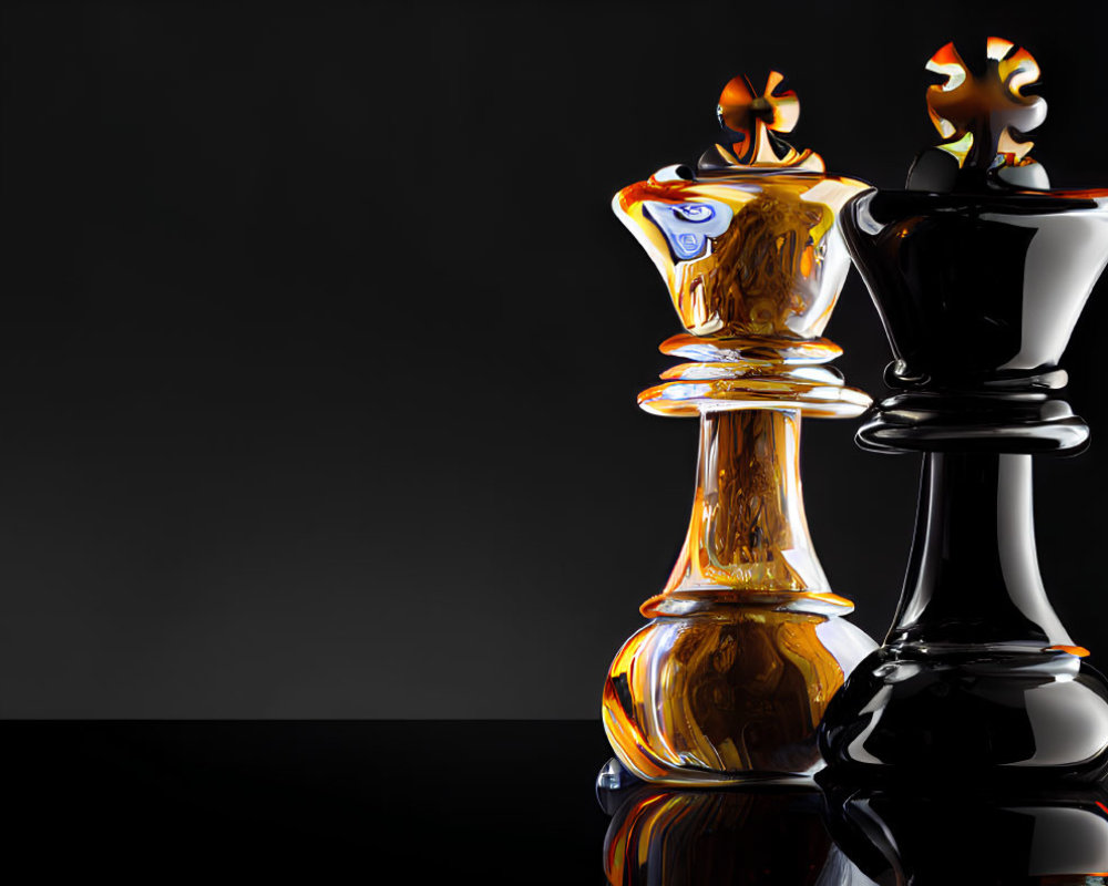 Glossy Chess Pieces: White Queen & Black King with Flames on Reflective Surface