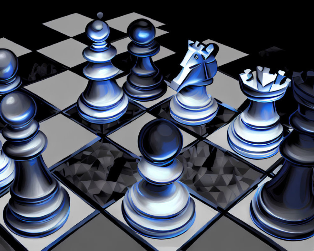 3D-rendered image of glossy black chess pieces on a checkered board