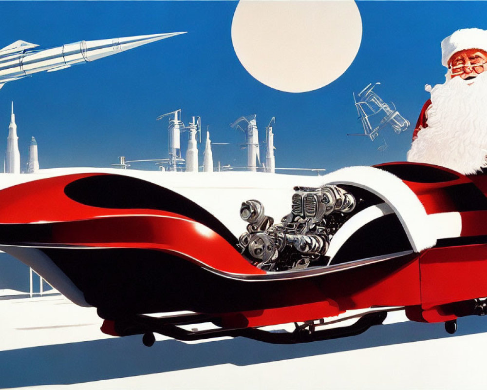 Futuristic Santa Claus in Red and White Sleigh Over Industrial Cityscape