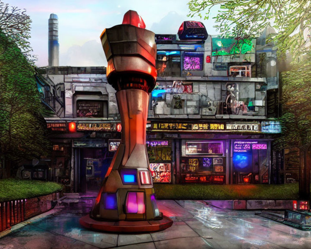 Vibrant futuristic street scene with neon signs, rocket-like structure, wet pavement, and lush green