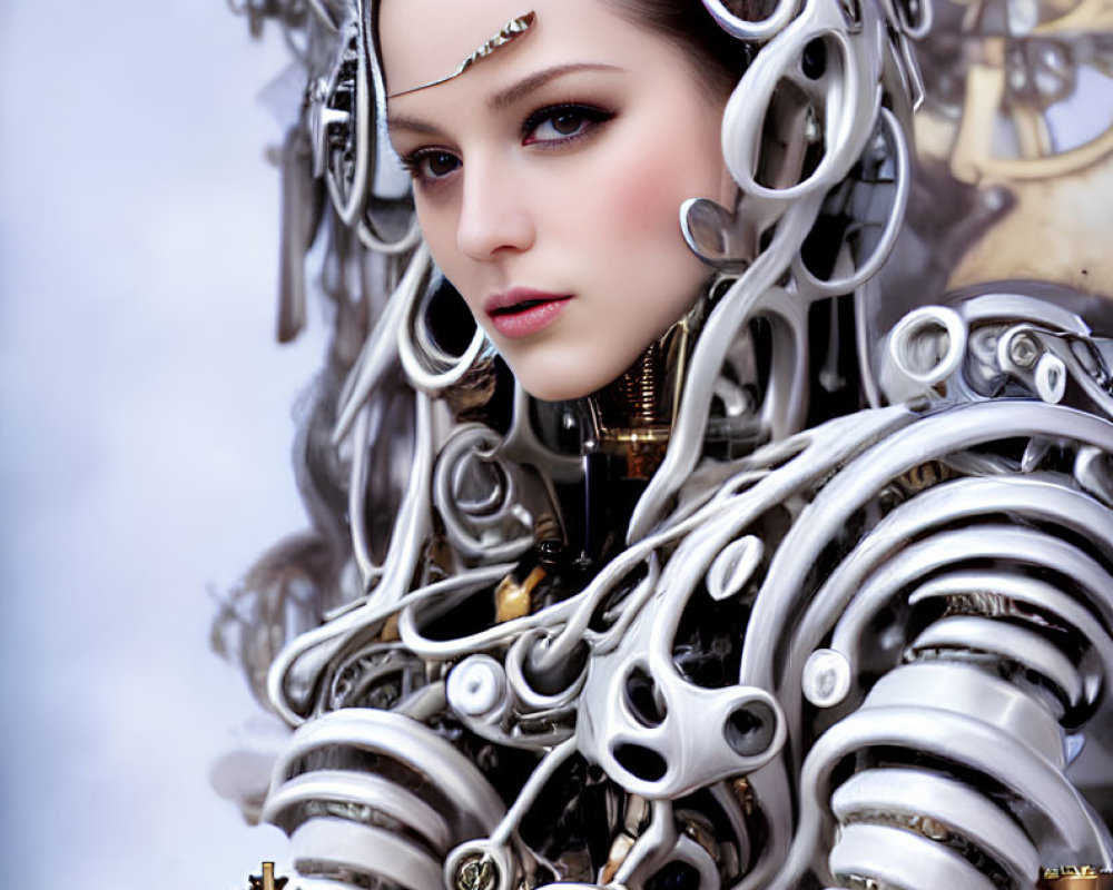 Sci-fi headdress woman with chessboard and clockwork background