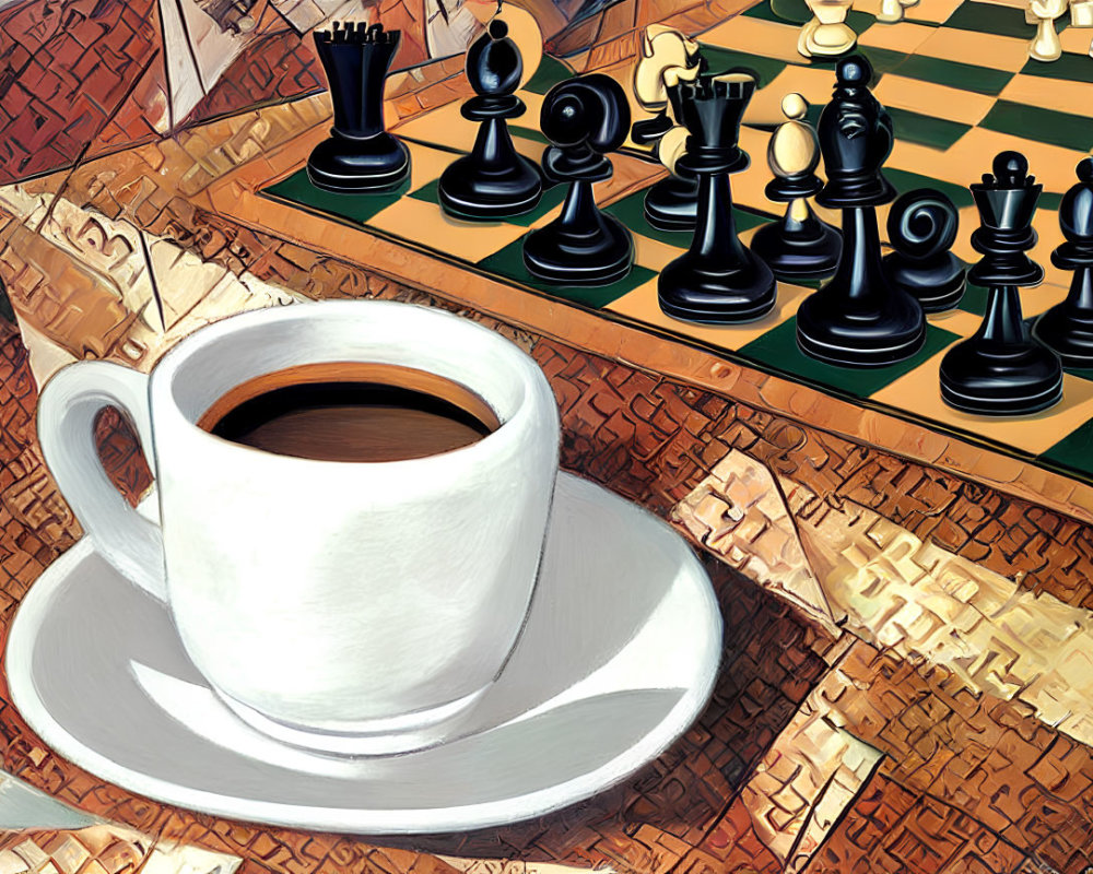 Coffee cup on saucer atop chessboard with pieces