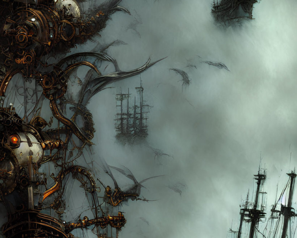 Dark Stormy Seascape with Ominous Ships & Mechanical Sea Creature