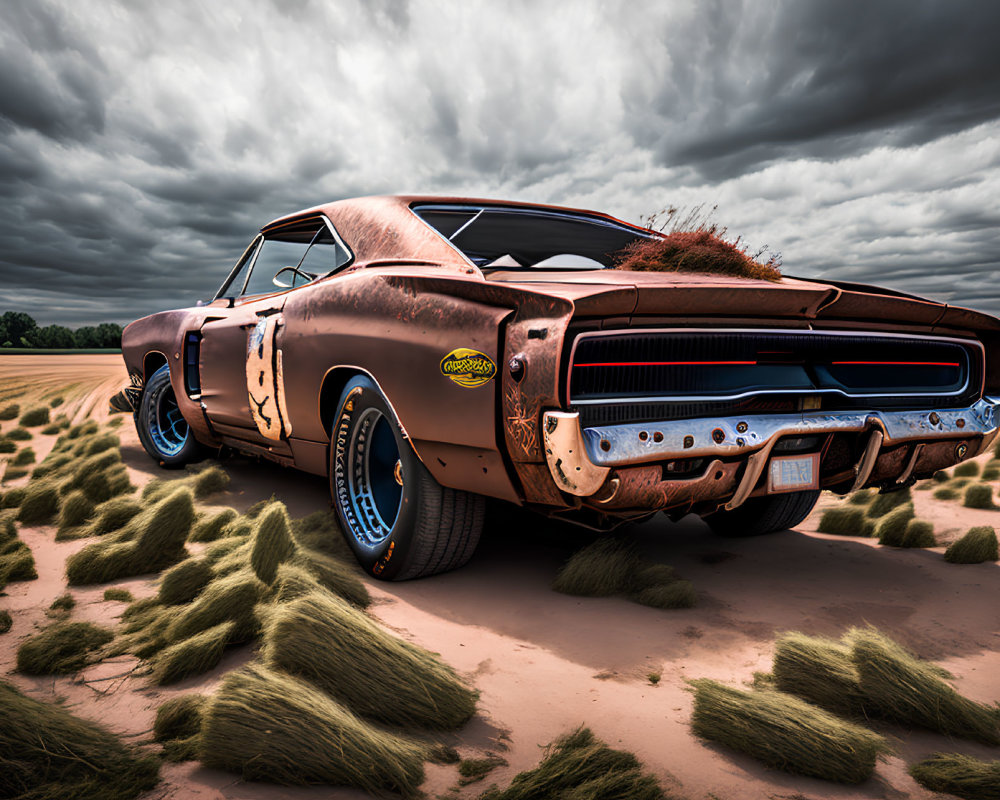 Vintage Muscle Car with Rusty Exterior and Blue Wheels in Field with Dramatic Cloudy Sky