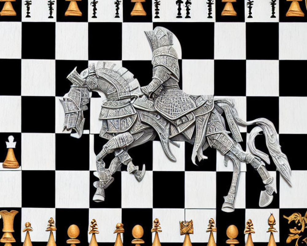 Detailed Ornate Chessboard with Large Knight Piece and Intricate Designs