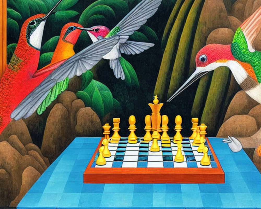 Vibrant hummingbirds and chessboard in nature-themed frame