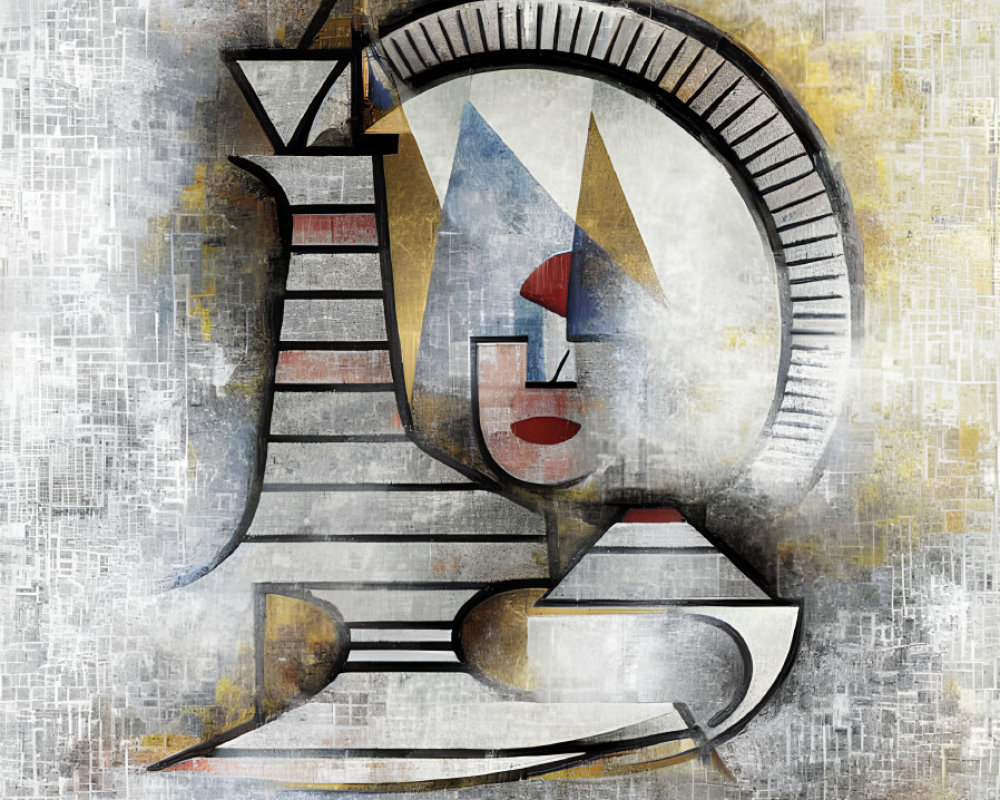 Geometric abstract art: grayscale with yellow tones, stylized face, textured background