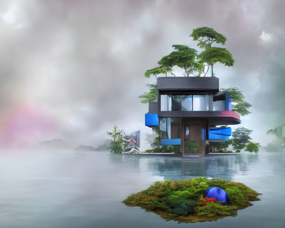 Modern multi-level house with large windows and blue accents on misty island.