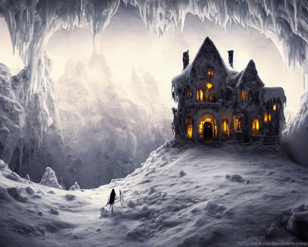 Snow-covered cottage in icy cave with stalactites