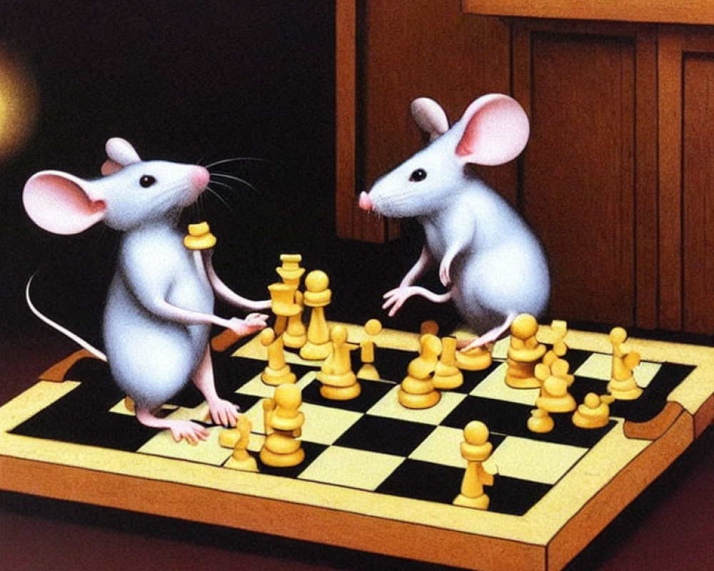 Cartoon mice on chessboard with strategic pause and multitasking theme.