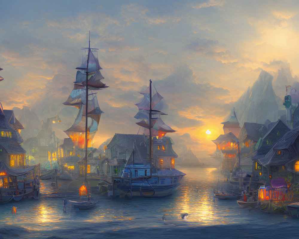 Fantasy harbor scene at dusk with tall ships and glowing lanterns