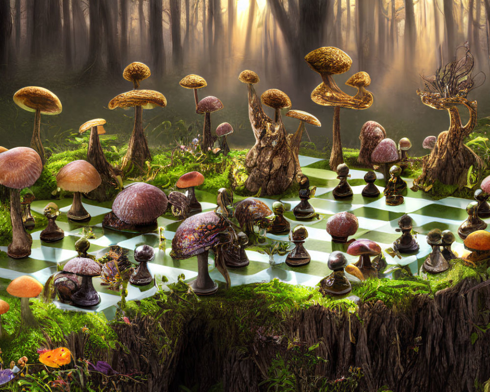 Fantastical forest chessboard scene with oversized mushrooms and ethereal light.