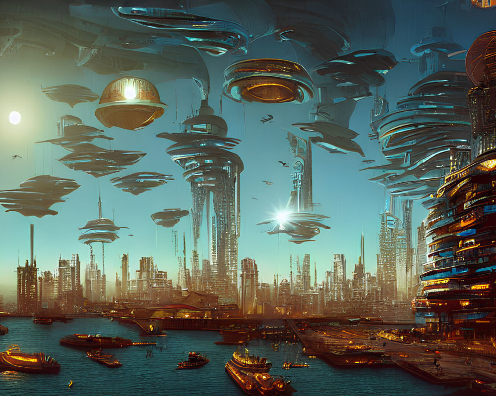 Futuristic cityscape with skyscrapers and flying vehicles at dusk