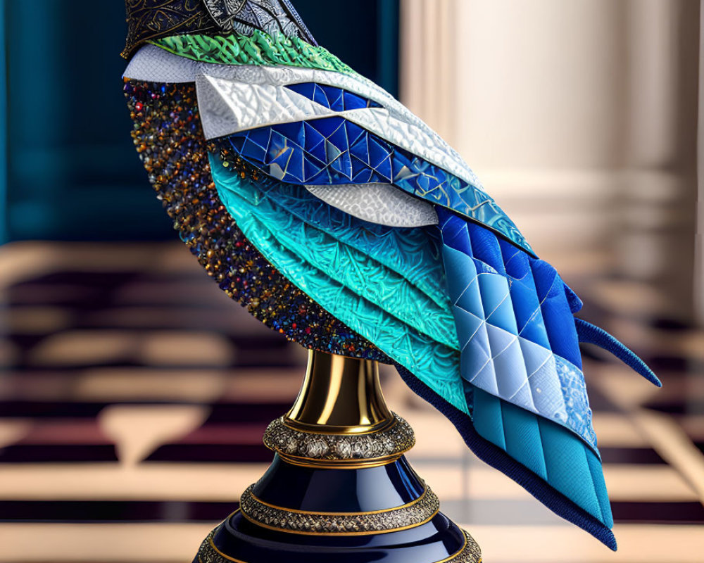 Multicolored eagle statue with golden beak on elegant pedestal in checkered room