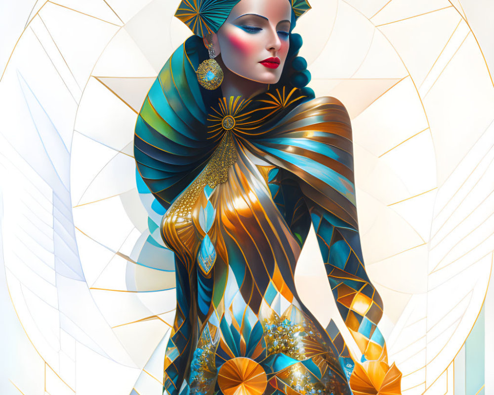 Stylized woman illustration with gold, blue, and white palette