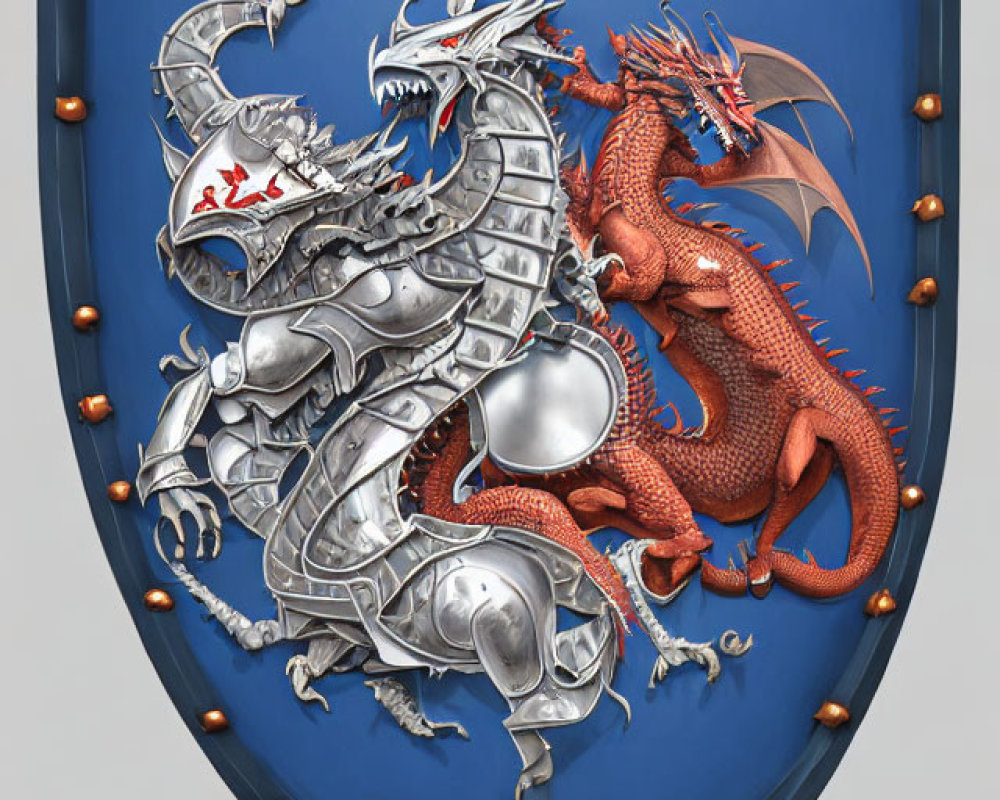 Silver and Red Dragon Battle on Blue Shield Background