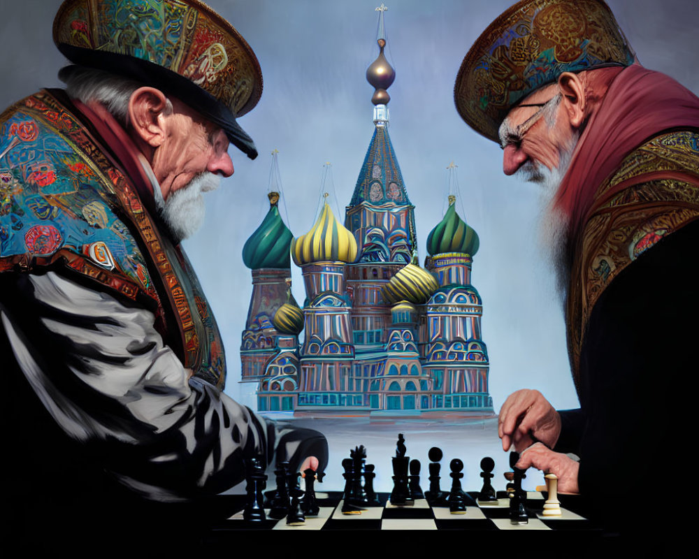 Men in religious attire play chess at Saint Basil's Cathedral.