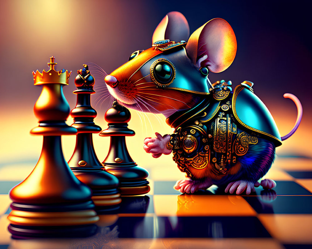Steampunk mouse with chess set on reflective surface in front of orange backdrop