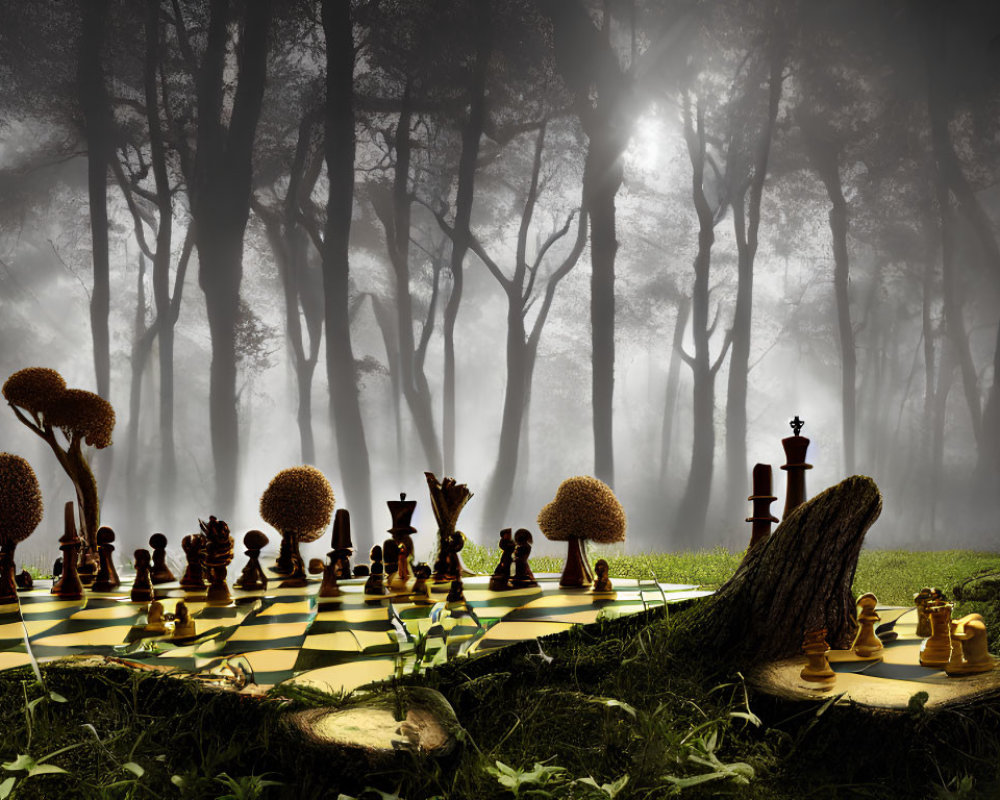 Mystical forest scene with oversized chess pieces and ethereal light
