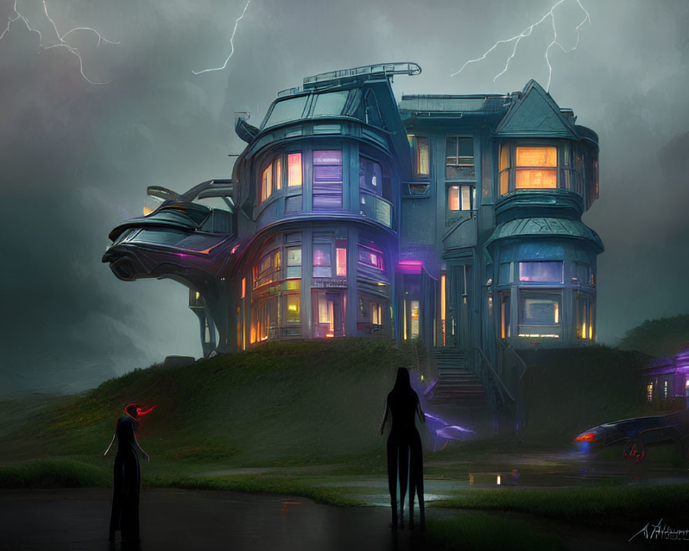 Futuristic mansion with purple lights, stormy sky, figures, and sleek cars