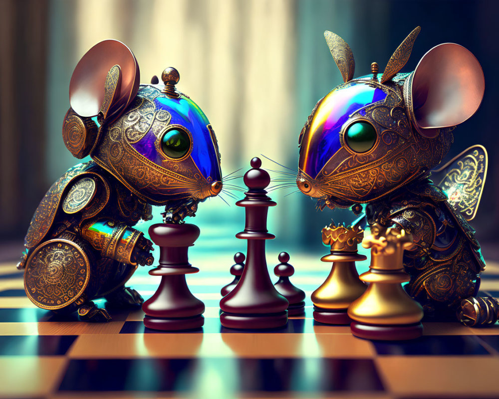 Intricately designed mechanical mice playing chess against softly lit backdrop